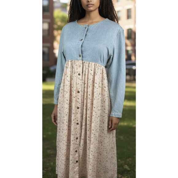 Vtg 90s Express Prairie Dress Denim Bodice Floral Maxi Cottagecore Coquette M - Picture 3 of 15